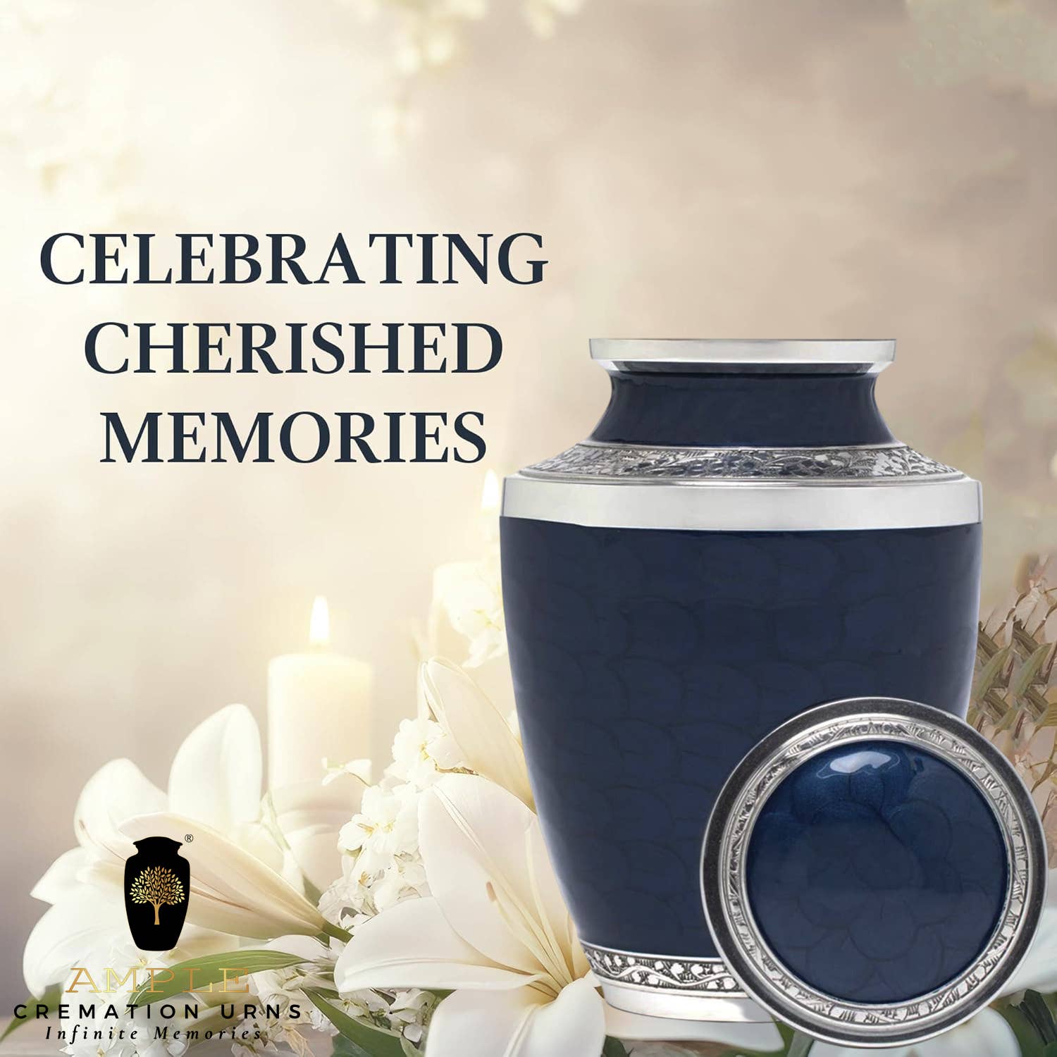 Ample Cremation Urns - Vendita all'ingrosso Urne - Urna Cineraria in Ottone Argento e Blu Profondo – Incisione Floreale a Mano5