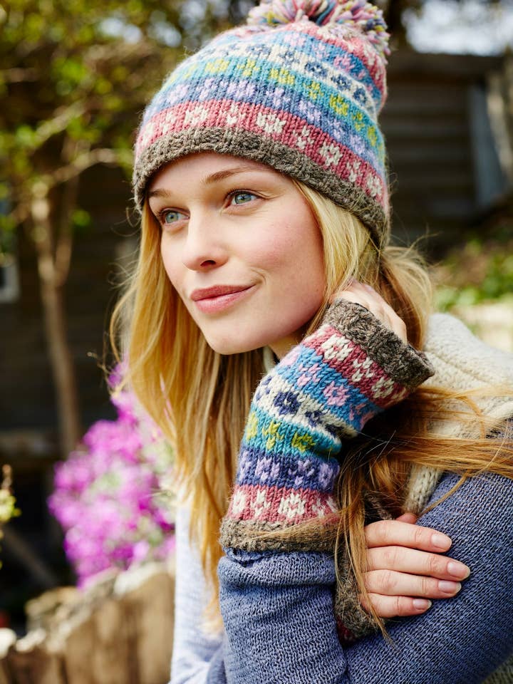 Bloomsbury - Hand Knit Wool Pastel Blue Fair Isle Bobble Hat for wholesale by Pachamama Ltd
