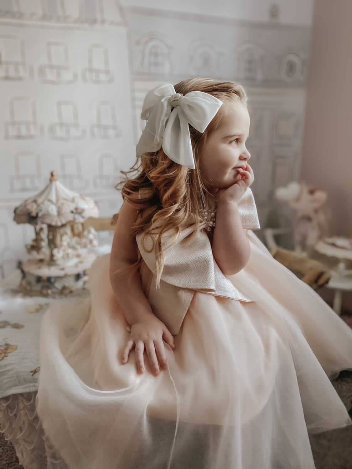 Petite Maison Kids - Vente Robe – enfant - Robe Jackie pêche en tulle à col nœud jacquard10