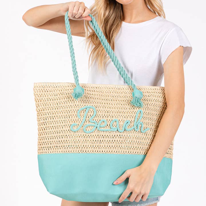 Sensibling Corp. - Wholesale Beach Bag - BEACH Message Embroidered Rope Handle Crochet Tote Bag