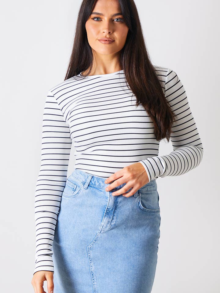 TOP DE MANGA LARGA ACANALADO A RAYAS CREMA Y NEGRO para venta al por mayor de In The Style