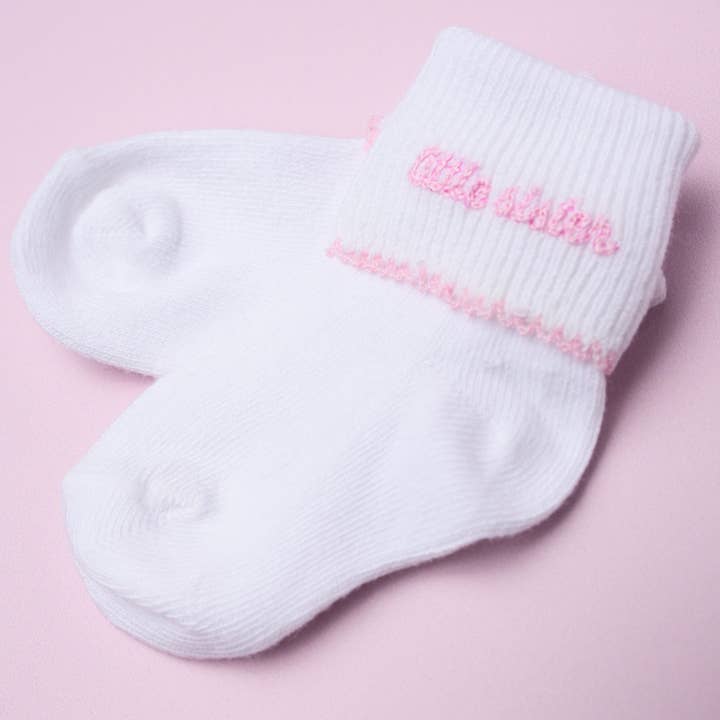 Little Sister Embroidered Socks for wholesale by Magnolia Baby