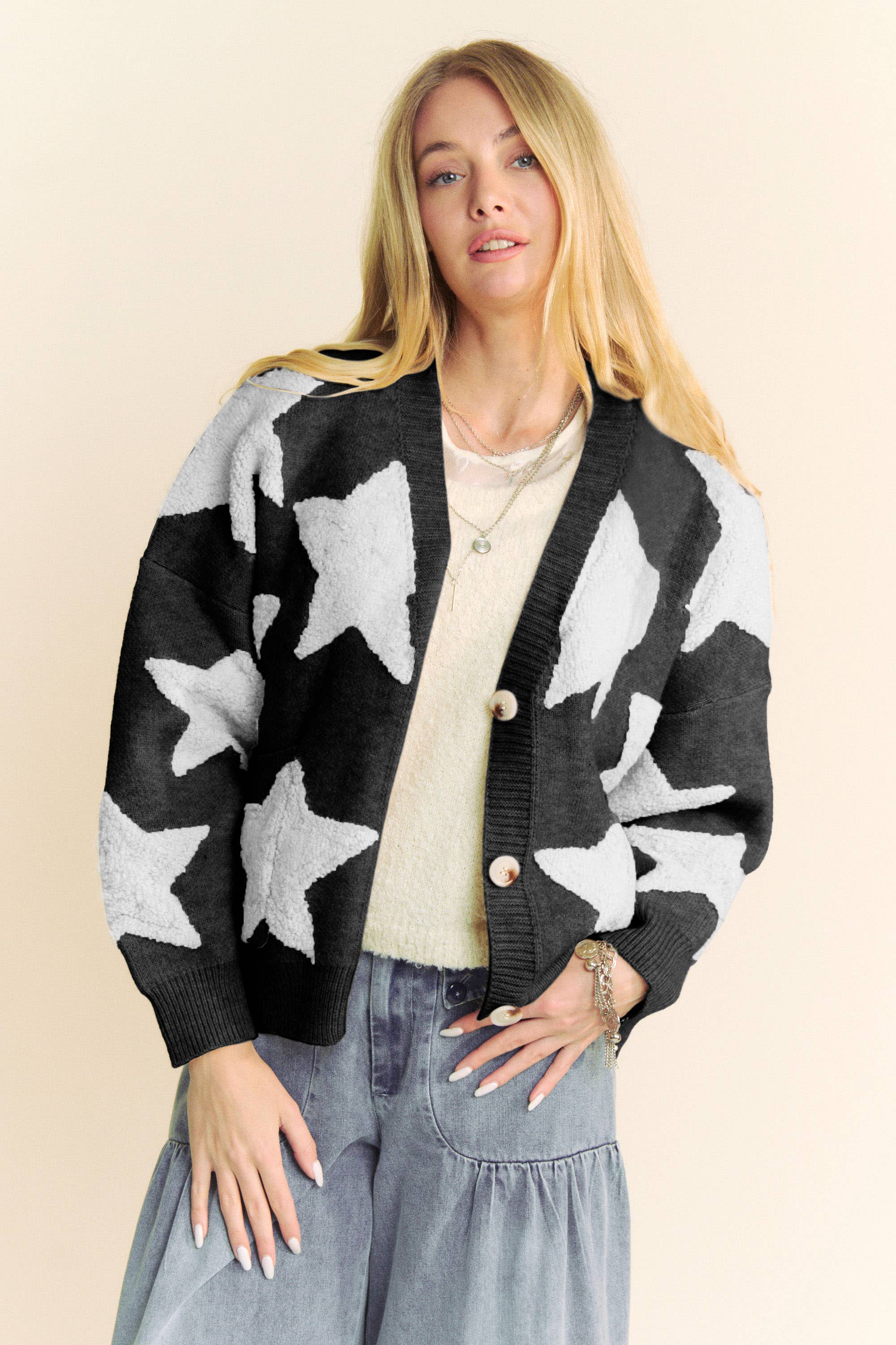 Davi & Dani - Wholesale Cardigan - Women's - FUZZY KNIT STAR LOOSE FIT BUTTON DOWN CARDIGAN0