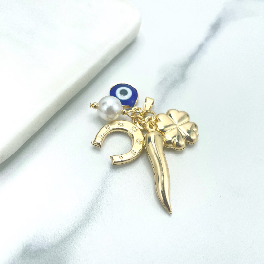 Luxus Accessories – wholesale Individuell berlock/hänge – 18k guldfylld klöver, onda ögon, hästsko, röd chili och simulerade pärldinglande berlocker3