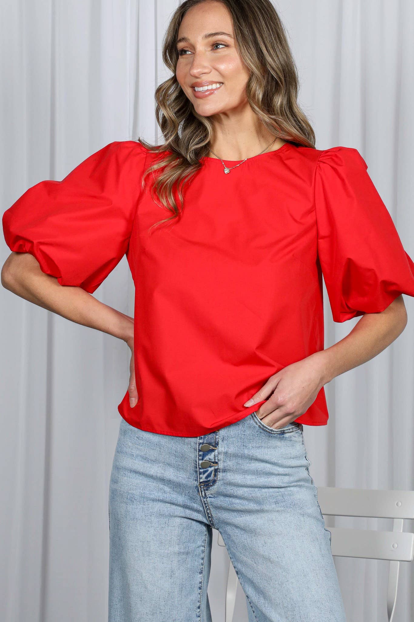 Vine & Love - Wholesale Blouse - Women's - Bubble Sleeve V-Back 2 Bow Detail Blouse Top VT8262111