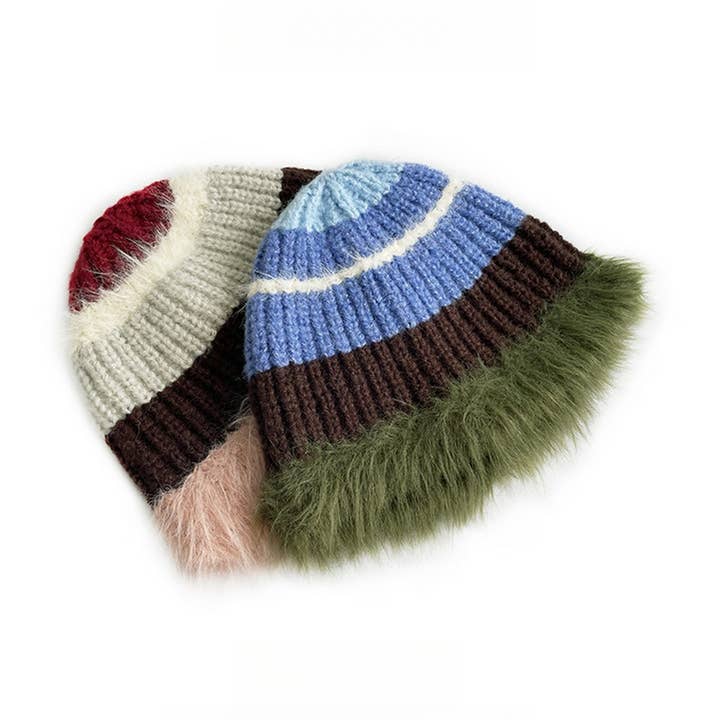 STRIPED COLORBLOCK PLUSH EDGE WOMEN'S KNITTED HAT_CWAH2062 for wholesale by ACCITY