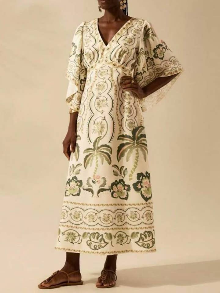 Rosa Clothing - Wholesale Dress - Women's - Exotic Tropical/ Floral Flair V-Neck Bell Sleeve Dress3