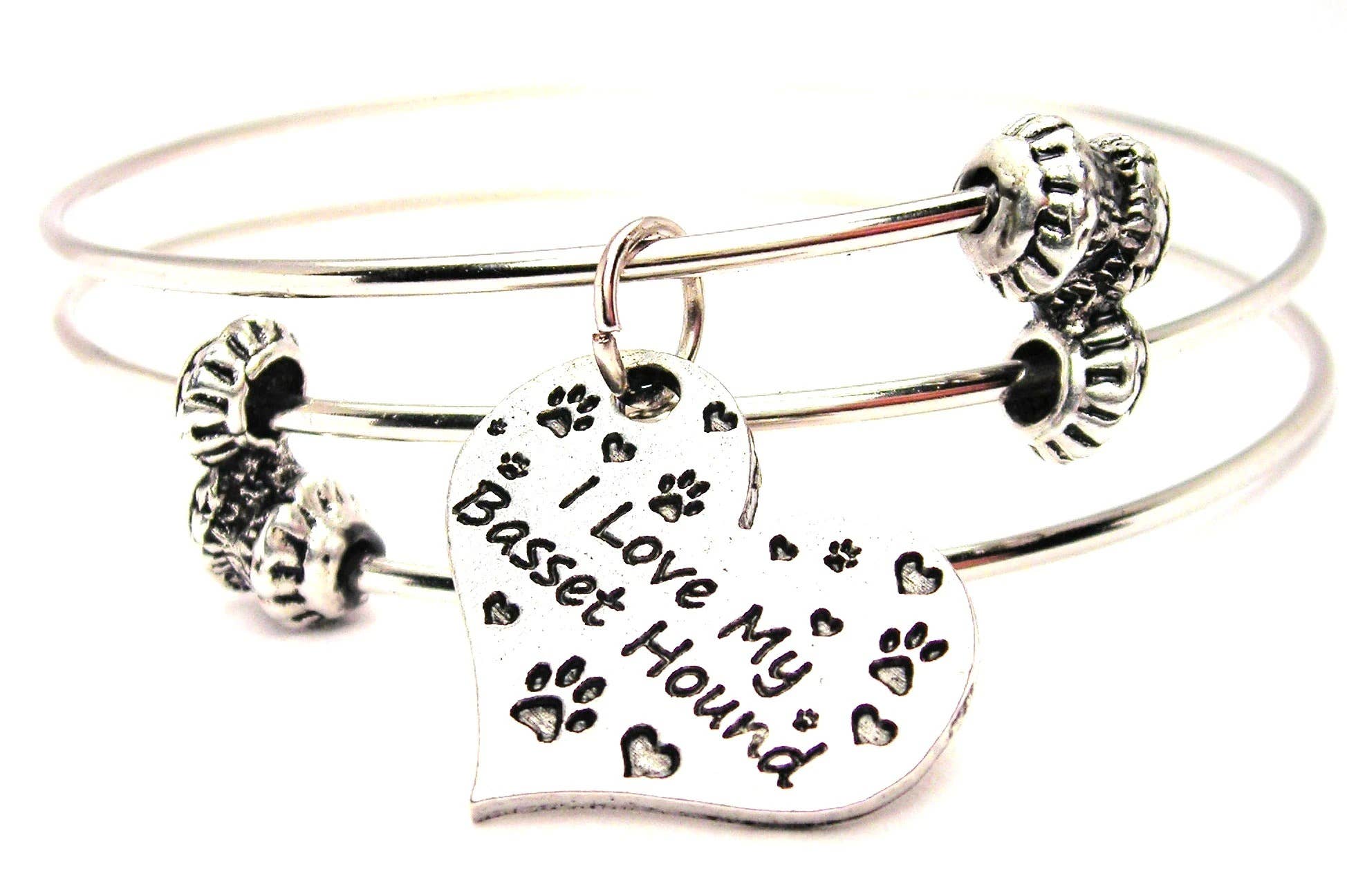 Chubby Chico Charms - Wholesale Bangle Bracelet - I Love My Basset Hound Heart Triple Style Bangle Bracelet0