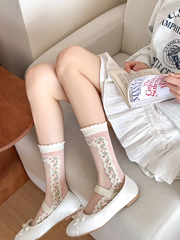 Rose Sheer socks with floral lace 🤍🌸 for wholesale on Faire1