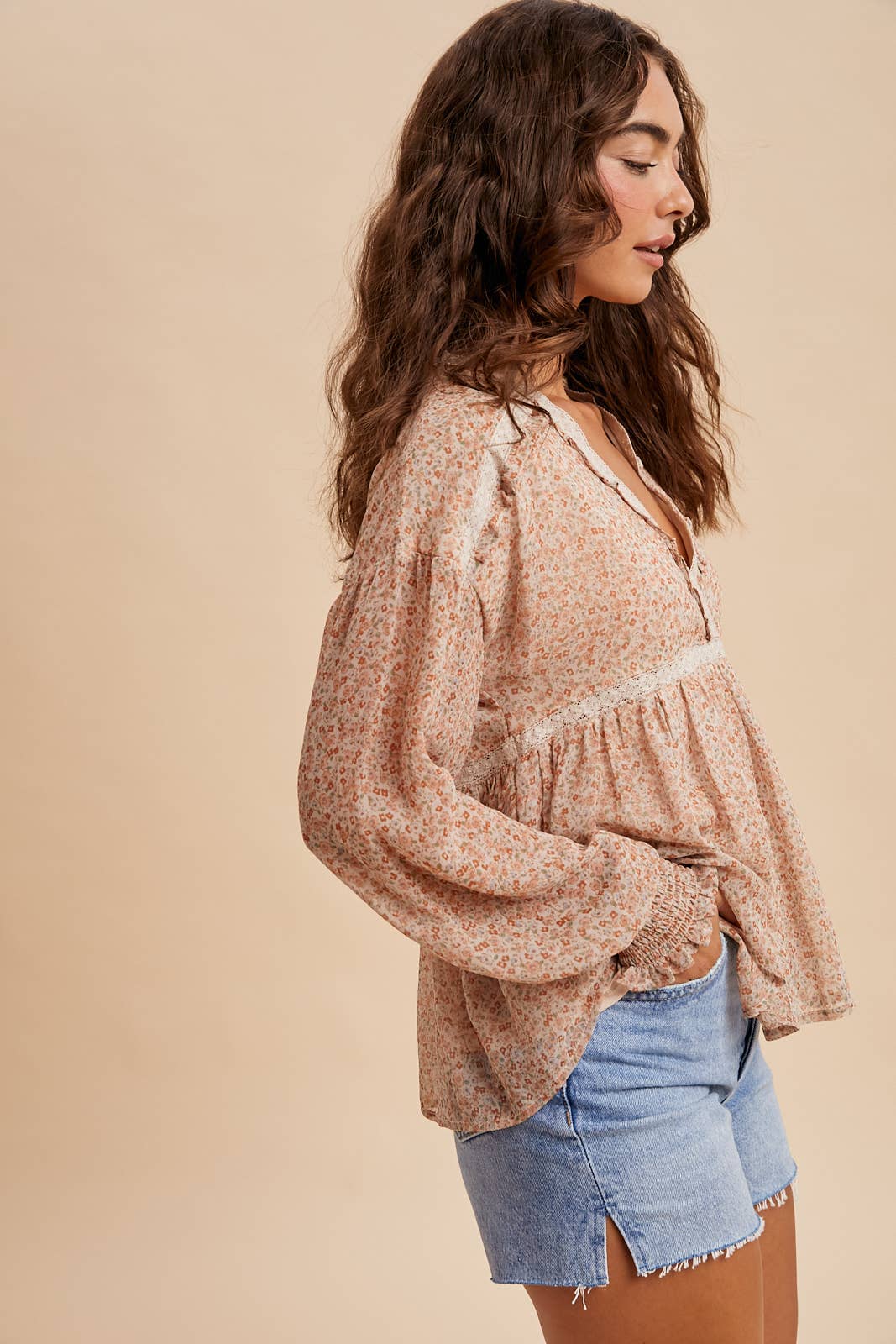 In Loom - Wholesale Blouse - Women's - LACE INSET FLORAL CHIFFON V NECK BLOUSE1