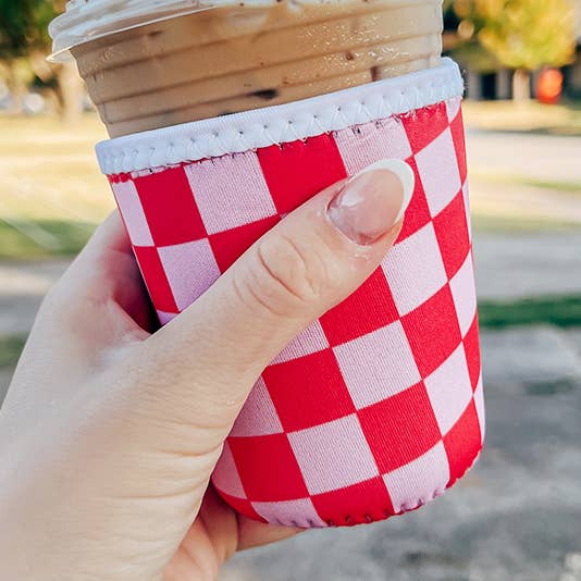 Maddon and Co – wholesale Drink huggers & koozies – Pink and Red Checkered Iced Coffee Sleeve/Koozie - 16oz0