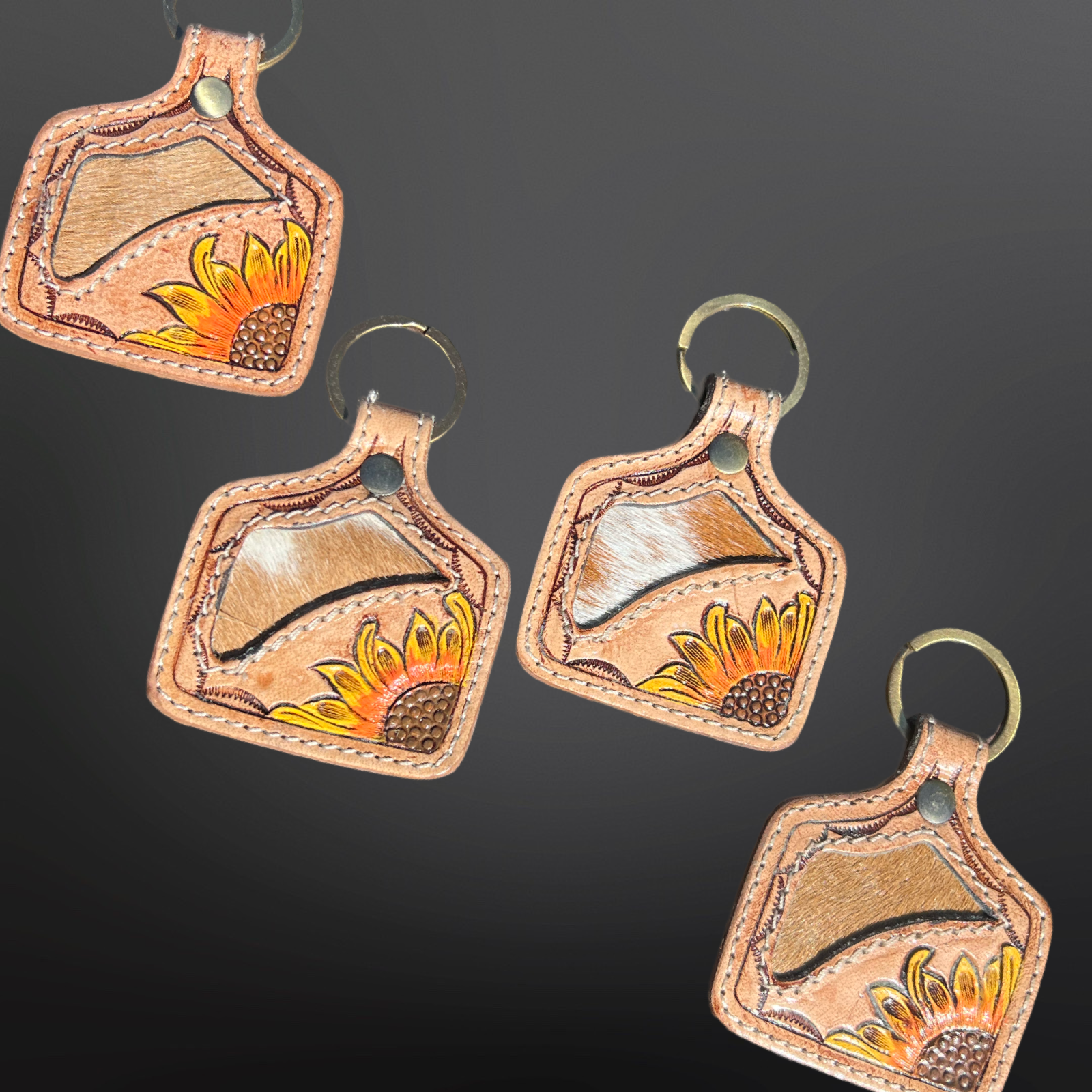 Westrian International - Wholesale Keychain - Women's - Cow Tag Shaped Leather Sunflower Hide Keychain 2