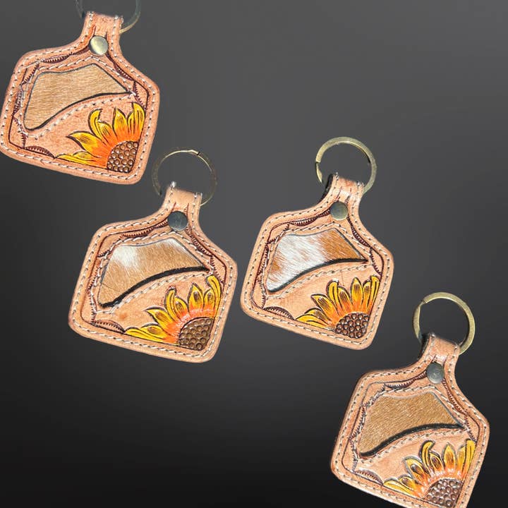 Westrian International - Wholesale Keychain - Women's - Cow Tag Shaped Leather Sunflower Hide Keychain 2