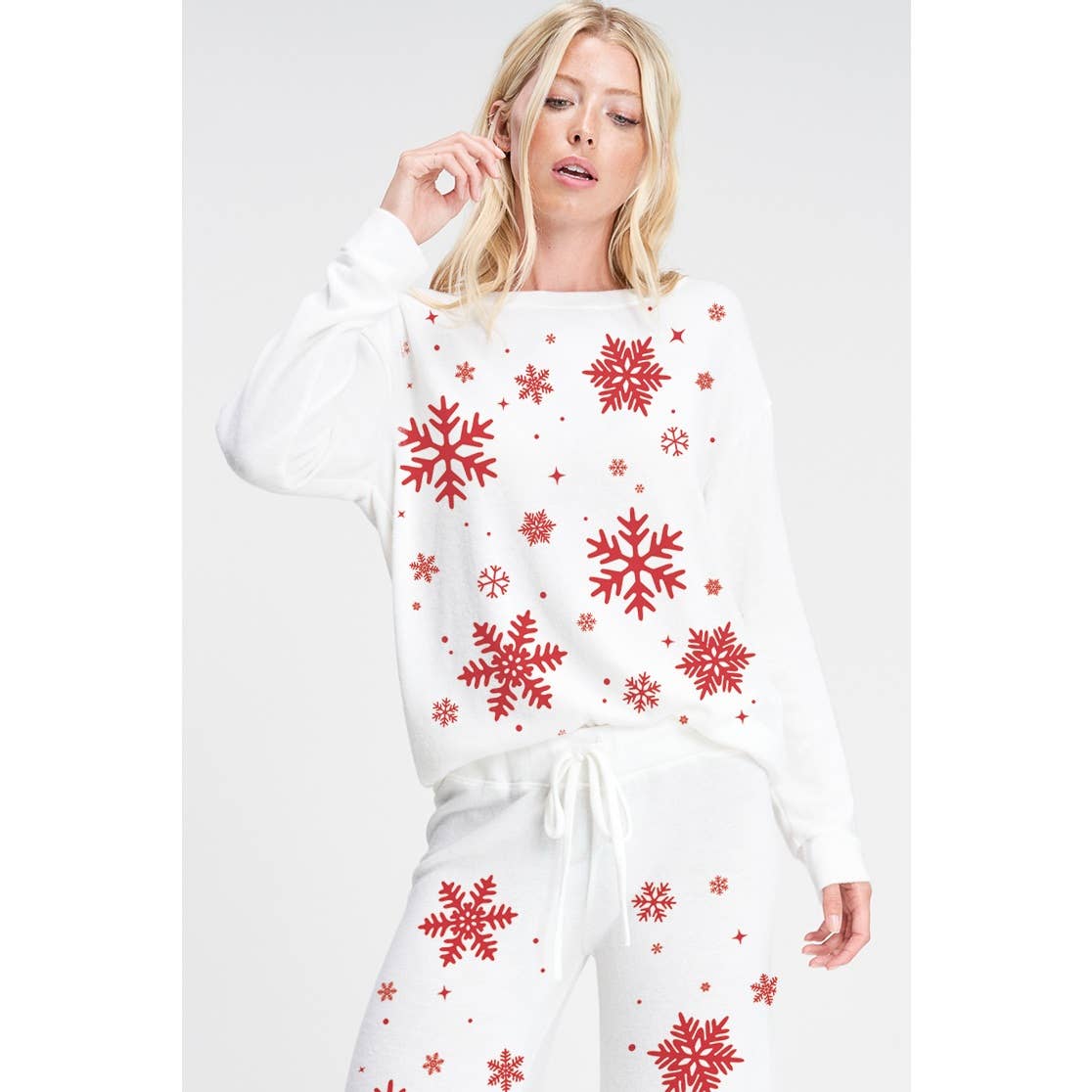 Phil Love - Vendita all'ingrosso Completo top e pantaloni (NON loungewear) - Donna - Set di abbigliamento da salotto in morbida spazzola Snowflake Allover14