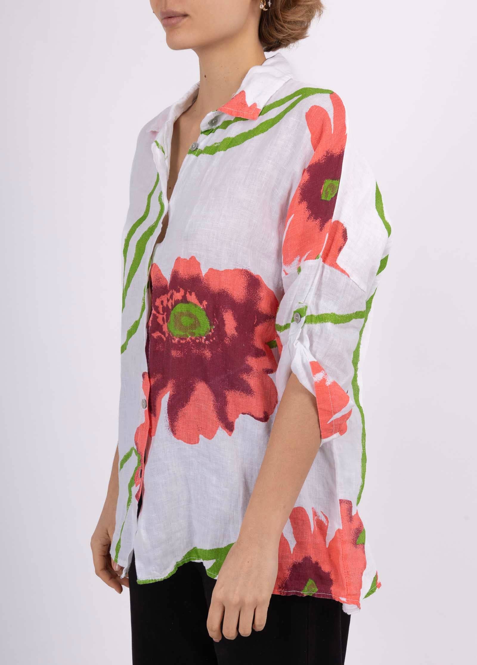 LINEN & COTTON HOUSE – wholesale Tröja med knappar – Dam – Tunika 09002 i 100 % lin, Fiore-mönster1