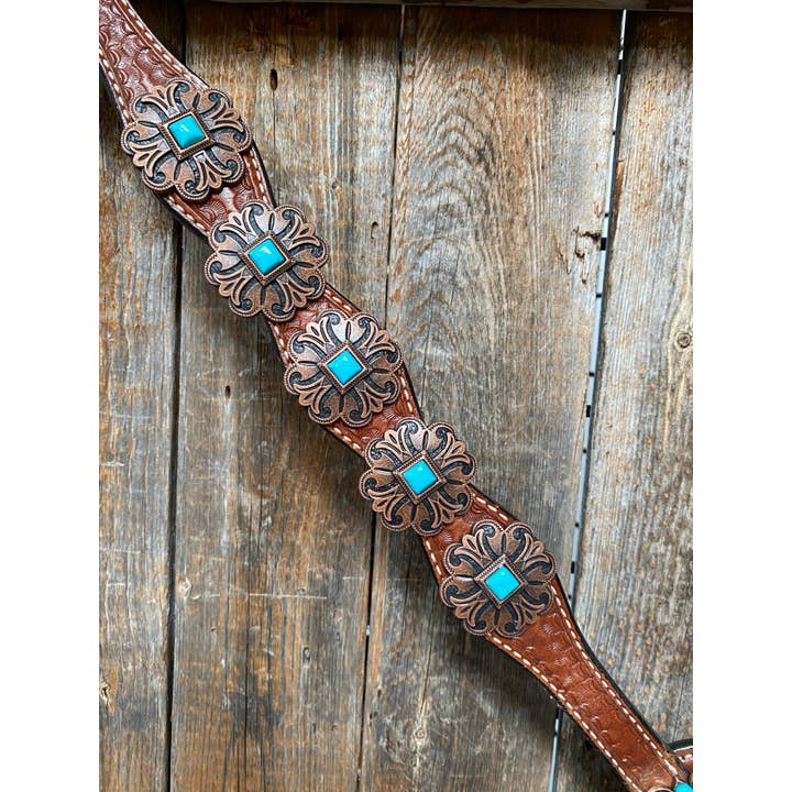 Rodeo Drive - Wholesale Horseback Riding Gear - Medium Basketweave Turquoise One Ear & Breastcollar Tack Set #OEBC4453