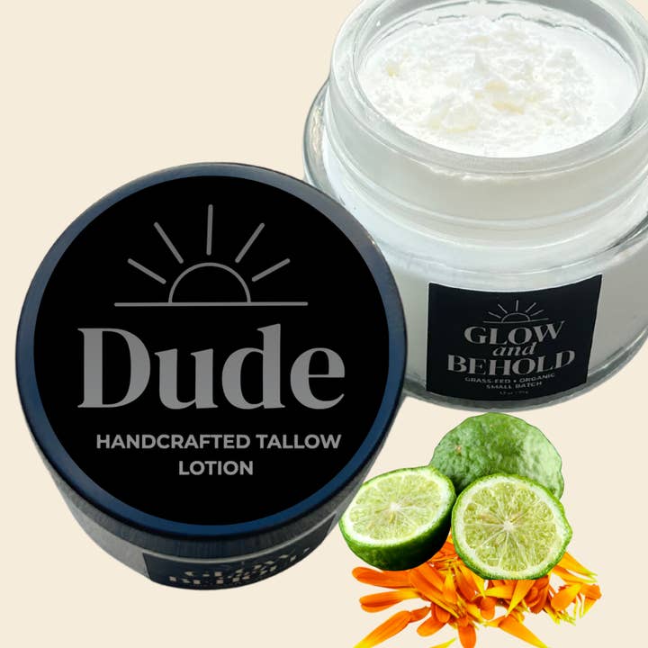 Dude Lotion: 100% Organic, Grass-Fed Tallow Lotion for wholesale by Glow and Behold Tallow Lotions and Balms