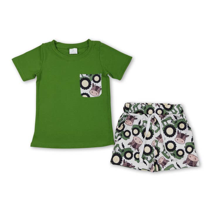 Yawoo Garments - Wholesale Top & Short Set - Kids - Green pocket top tractor cow shorts boys clothes