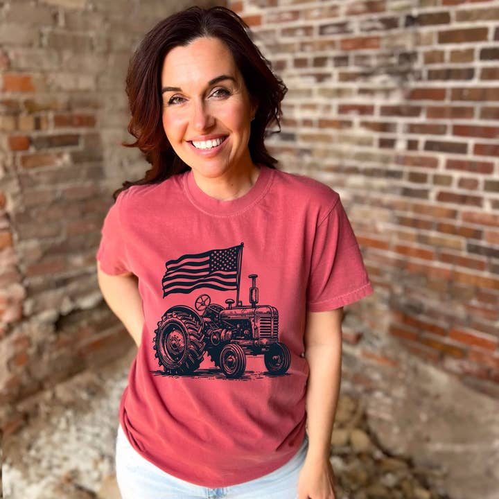Crimson PATRIOTIC TRACTOR - Comfort Color Graphic Tee for wholesale on Faire