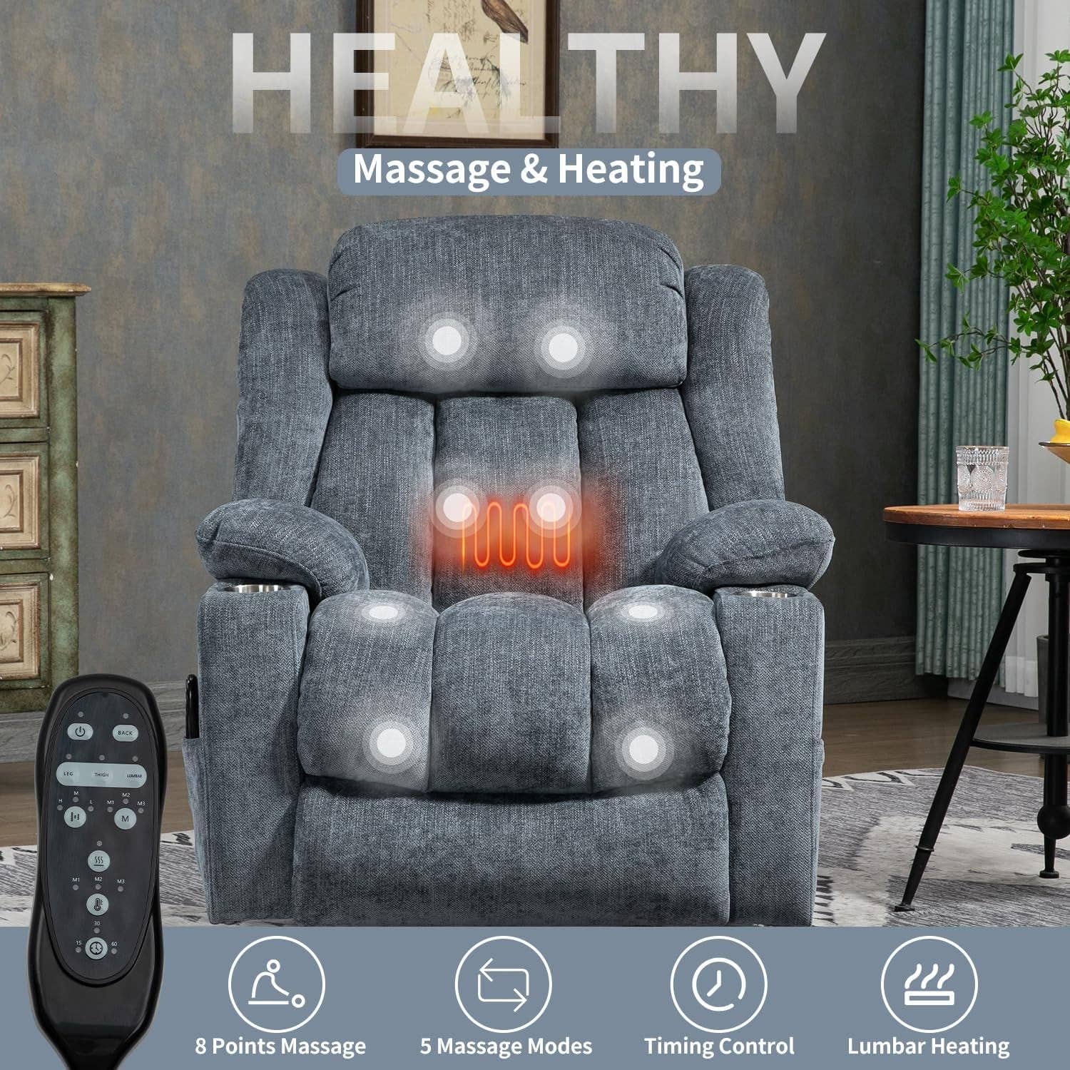 Power Lift Recliner Chair With Full Body Massage And Heat In Elegant Blue Chenille Fabric for wholesale on Faire7