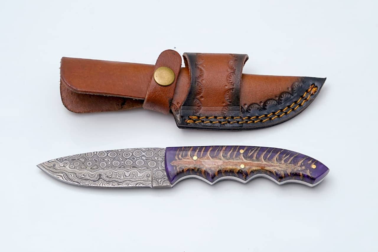 Titan International - Wholesale Pocket Knife/Holder - Handmade Damascus Steel Knife with Purple Pine Cone Handle & Leather Sheath