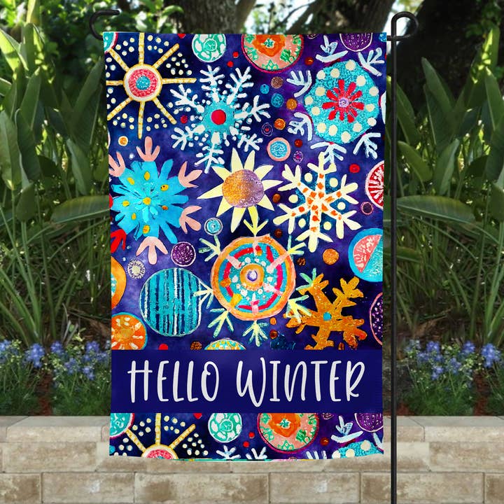 Garden Flag - Hello Winter Snowflakes for wholesale by The Spotted Zebras