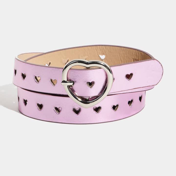 Heart Buckle Heart Punched Metallic Belt for wholesale by Collections by Fame Accessories