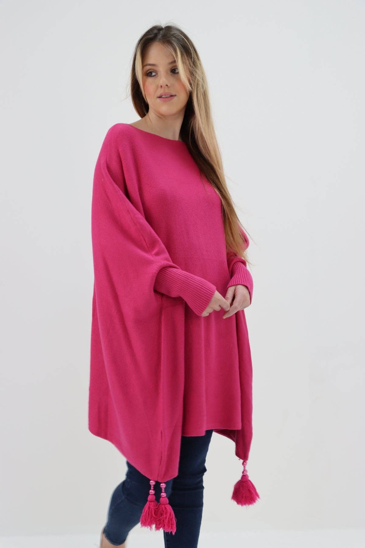 Miss Bold - Wholesale Poncho - Women's - Italian Plain Batwing Sleeves Tassels Tunic Poncho17