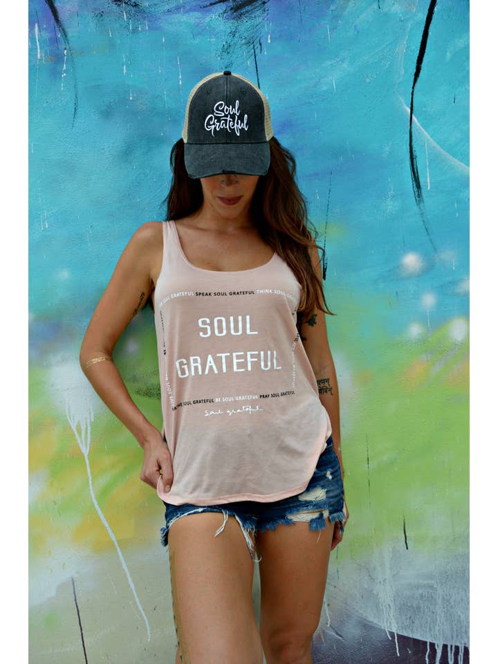 Peach The Soul's Daily Chants Flowy Side Slit Tank for wholesale on Faire1