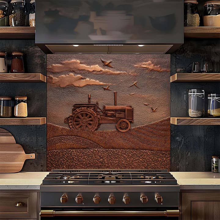Escena de Tractor en Campos de Cosecha – Salpicadero de Vidrio Templado con Aspecto de Cobre para Cocina para venta al por mayor de Glass Kitchen Backsplash