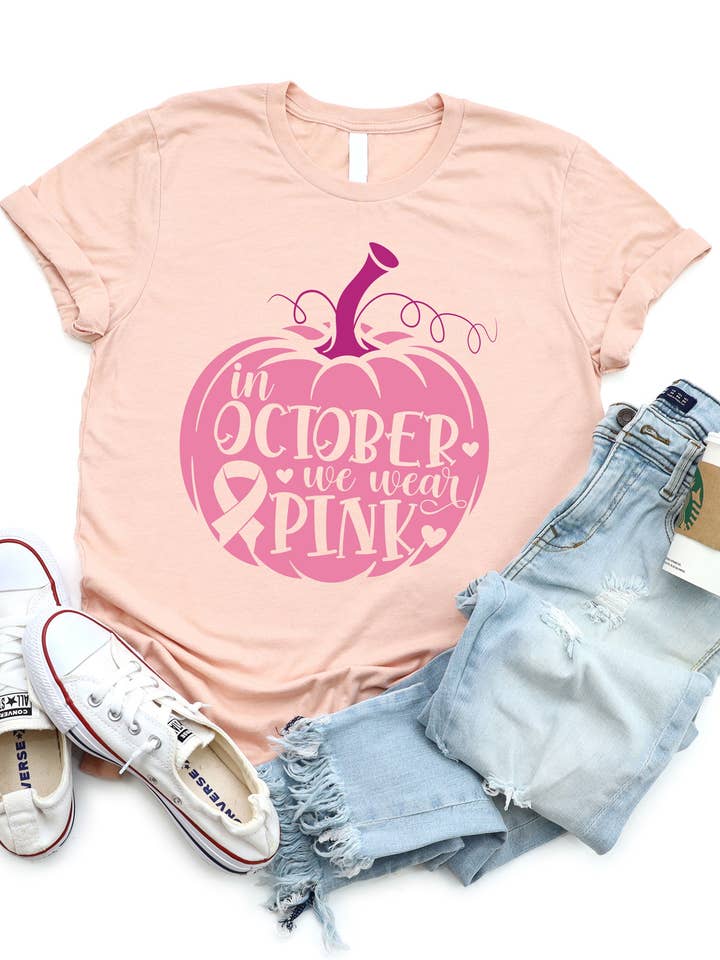 In October We Wear Pink Pumpkin Graphic Tee for wholesale by Tickled Teal