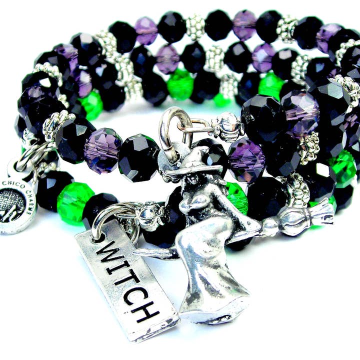 Voluttuosa strega su scopa bracciale in cristallo 2 pezzi Wiccan per la vendita all'ingrosso da parte di Chubby Chico Charms