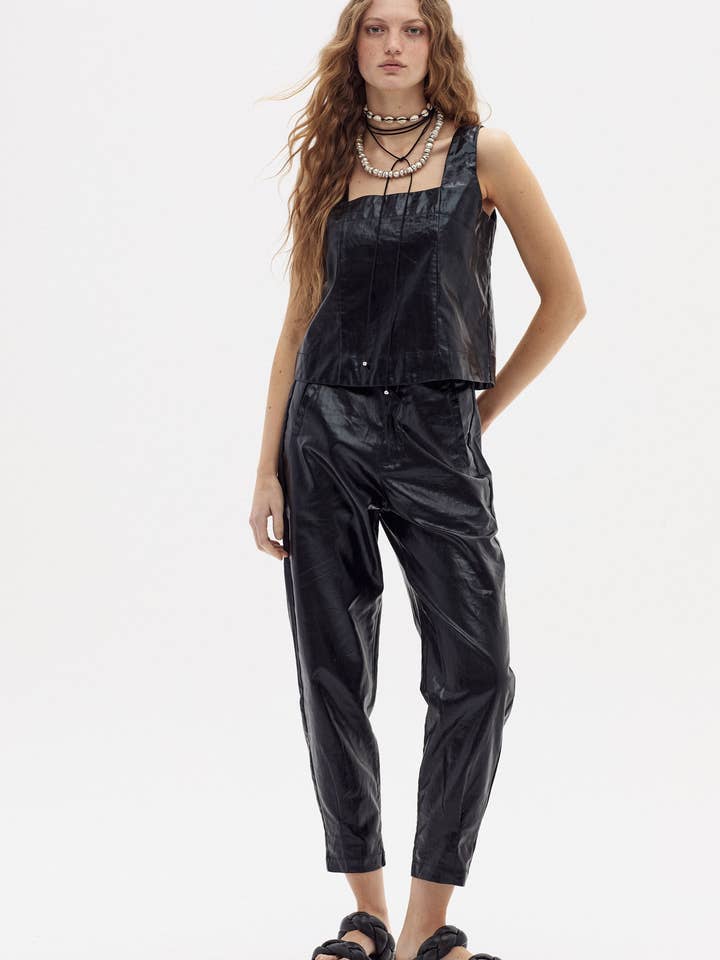 Anya Pantalon en lin métallisé - Noir métallisé pour la vente par Lanhtropy