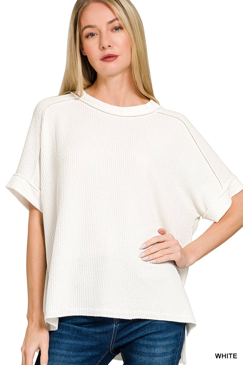 42POPS – wholesale Stickad topp - Dam – .Corded Rib Kortärmad Topp med Rå Kant82