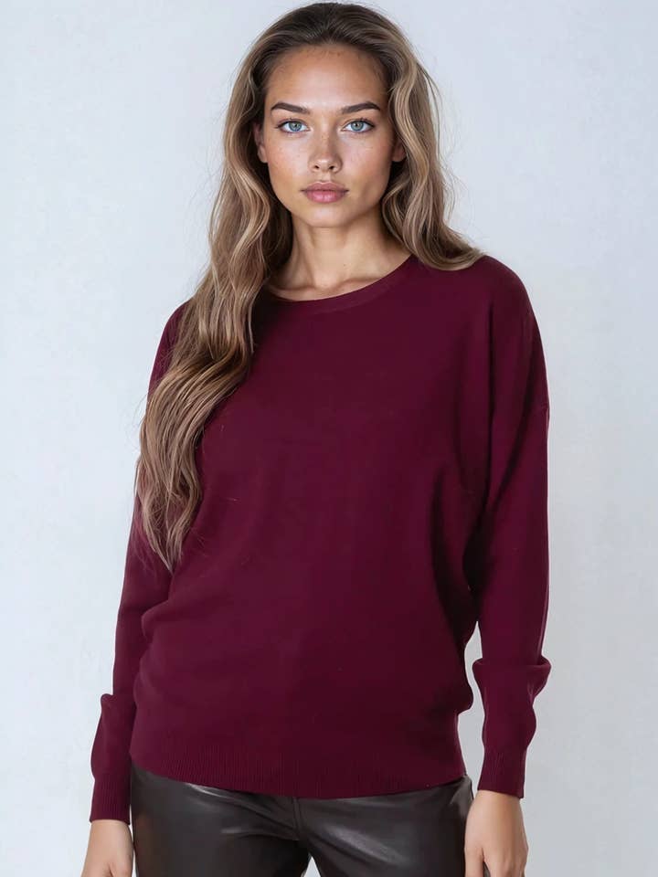 Burgundy Crew Neck Fine Knit Jumper for wholesale by Aftershock London