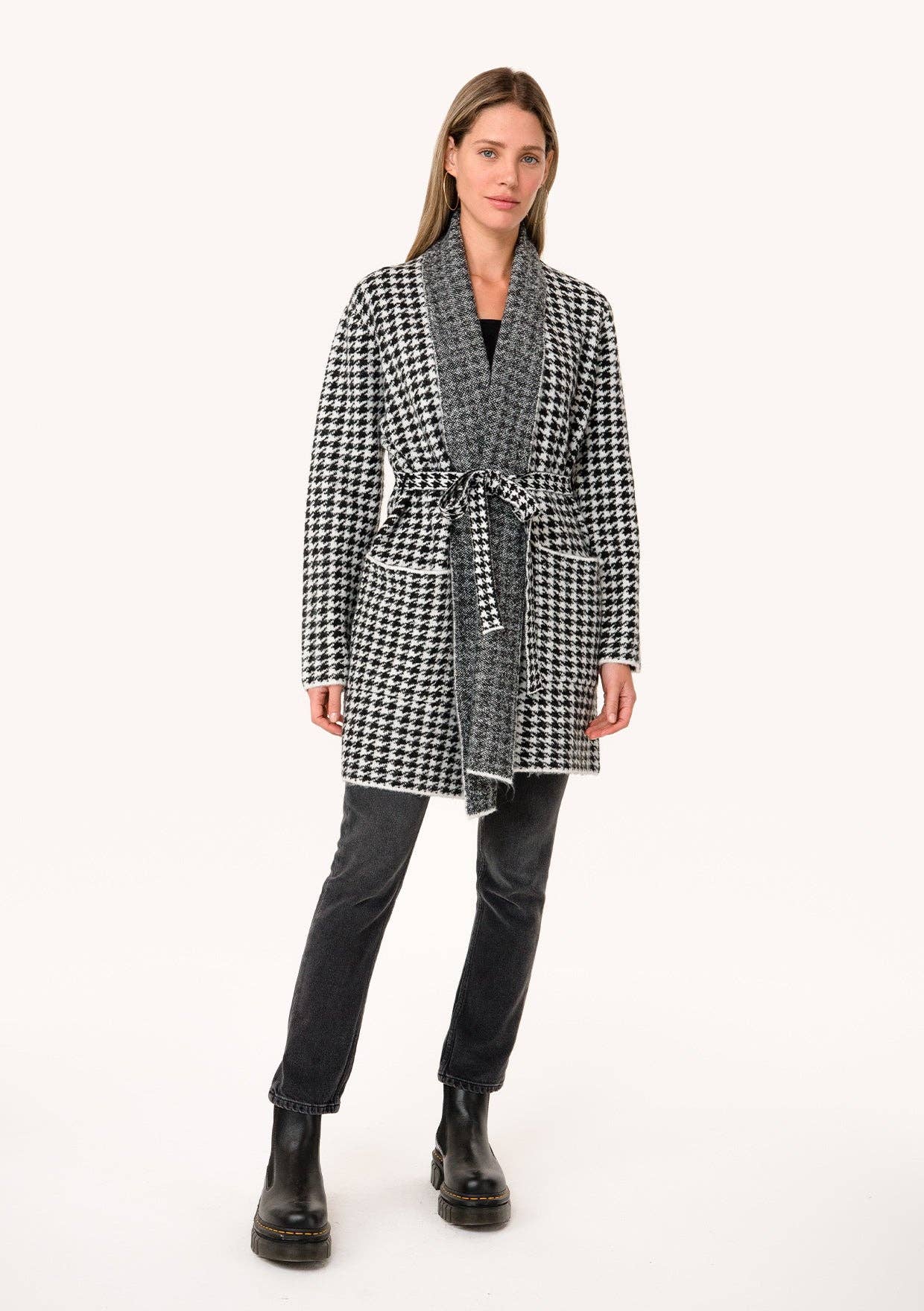 White Black Houndstooth Long Sleeve Belted Shawl Cardigan for wholesale on Faire0