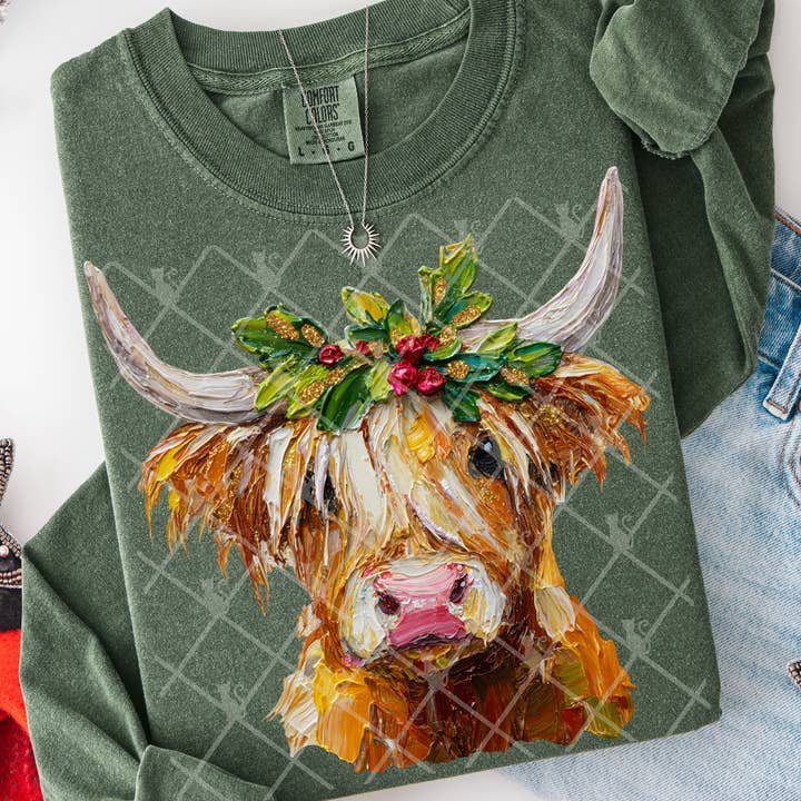 Hand Painted Christmas Highland Cow #2770 DTF Transfer for wholesale by Flawless Transfers