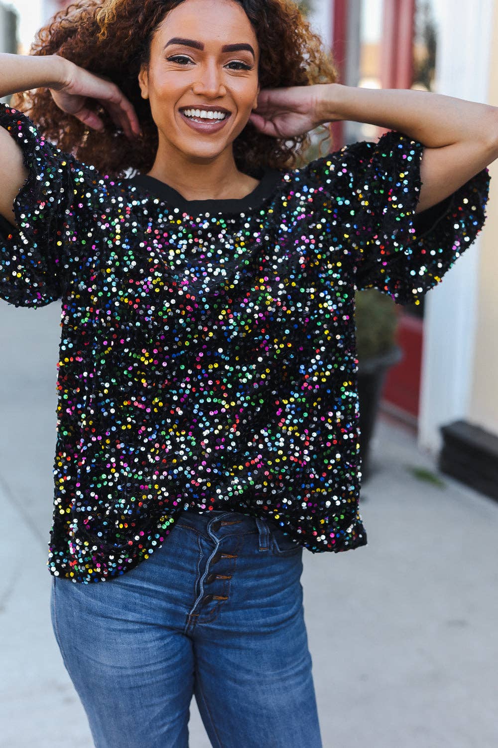 Promenade - Wholesale Blouse - Women's - Holiday Ready Black Velvet Multicolor Sequin Puff Sleeve Holiday Top (Open Pack)16