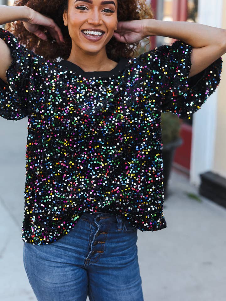 Promenade - Vente Chemisier – femme - Haut de fête en velours noir à sequins multicolores avec manches bouffantes (paquet ouvert)16