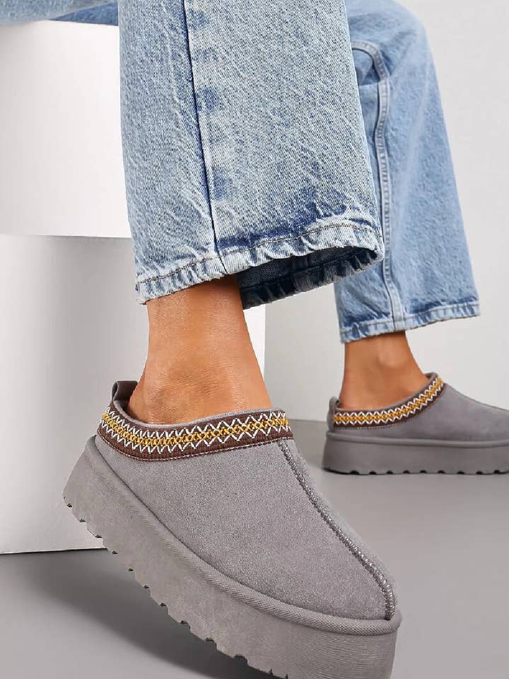 GREY FLUFFY PLATFORM SLIPPERS FAUX FUR LINED ANKLE BOOTS for wholesale on Faire0