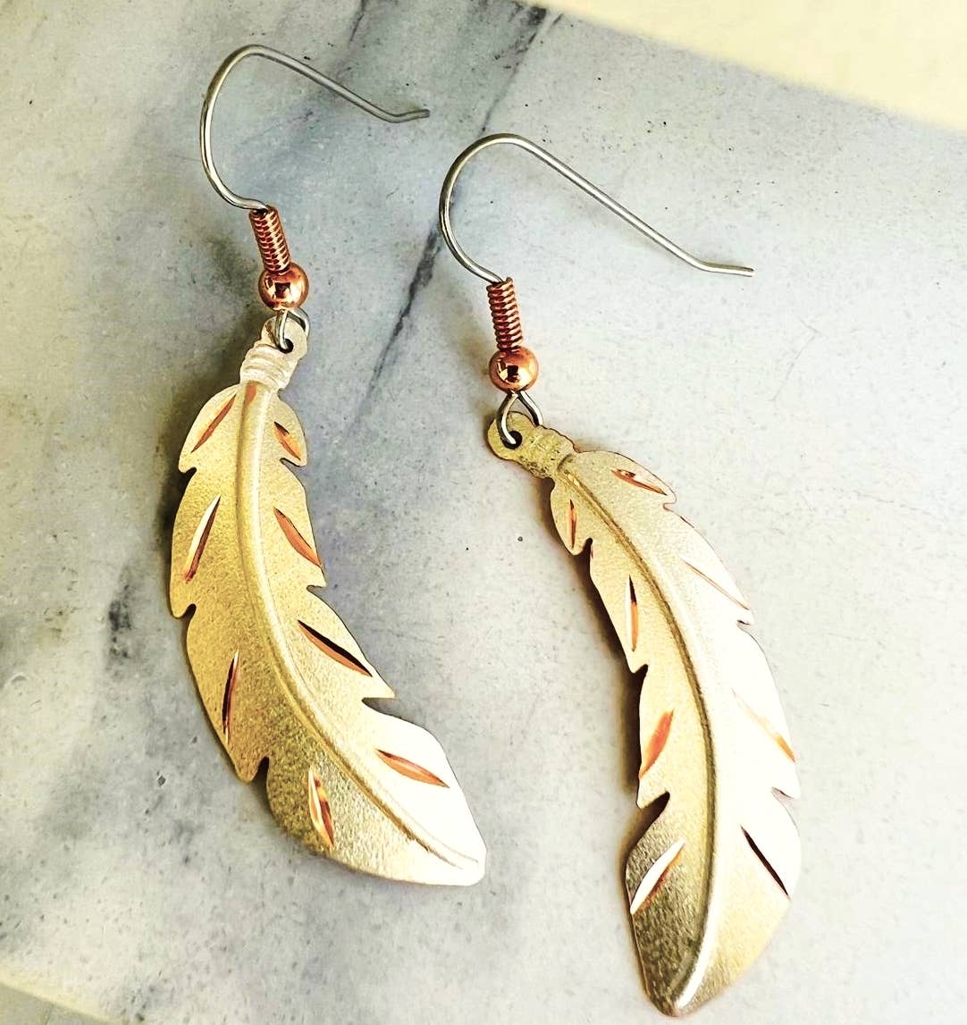 COPPER ARTS INC. - Wholesale Dangle Earrings - CA SF 091 Textured Copper silver plated  Feather Earrings1