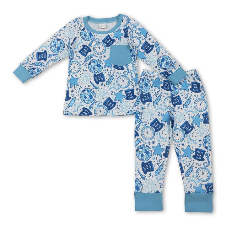 Blue long sleeves clock Happy New Year kids boys pajamas for wholesale by Yawoo Garments