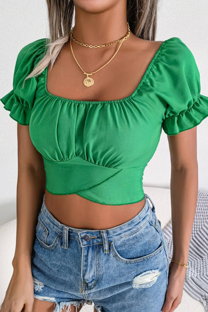 NINEXIS - Wholesale Blouse - Women's - CWTBLS1031_CASUAL SHORT SLEEVED CHIFFON CROP TOP0