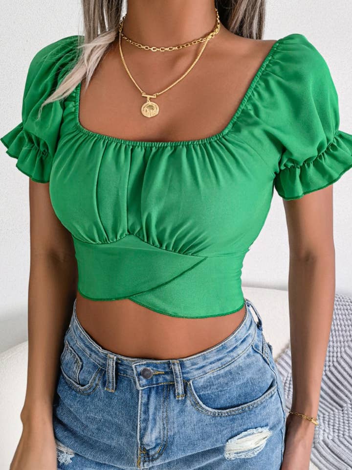 NINEXIS - Wholesale Blouse - Women's - CWTBLS1031_CASUAL SHORT SLEEVED CHIFFON CROP TOP