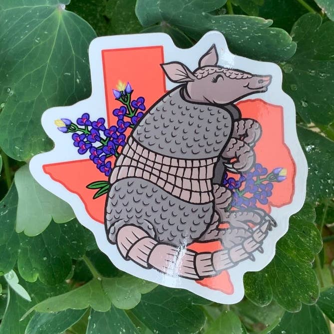 Sticker - Texas State Armadillo and Bluebonnet flower for wholesale by Thruhalia's Art