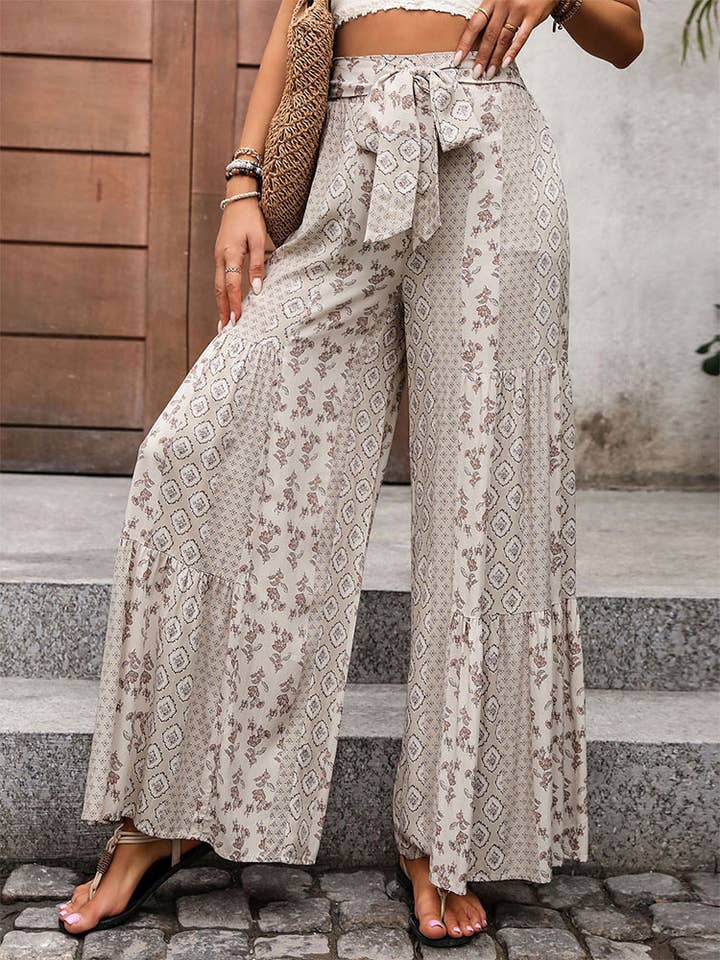 APRICOT LACE-UP PATCHWORK WIDE-LEG PANTS for wholesale on Faire