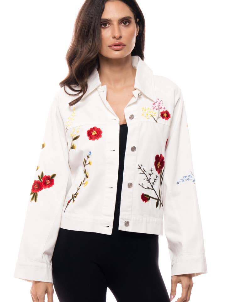 Casaco de Ganga Branco Bordado com Flores 2603W por atacado de Adore