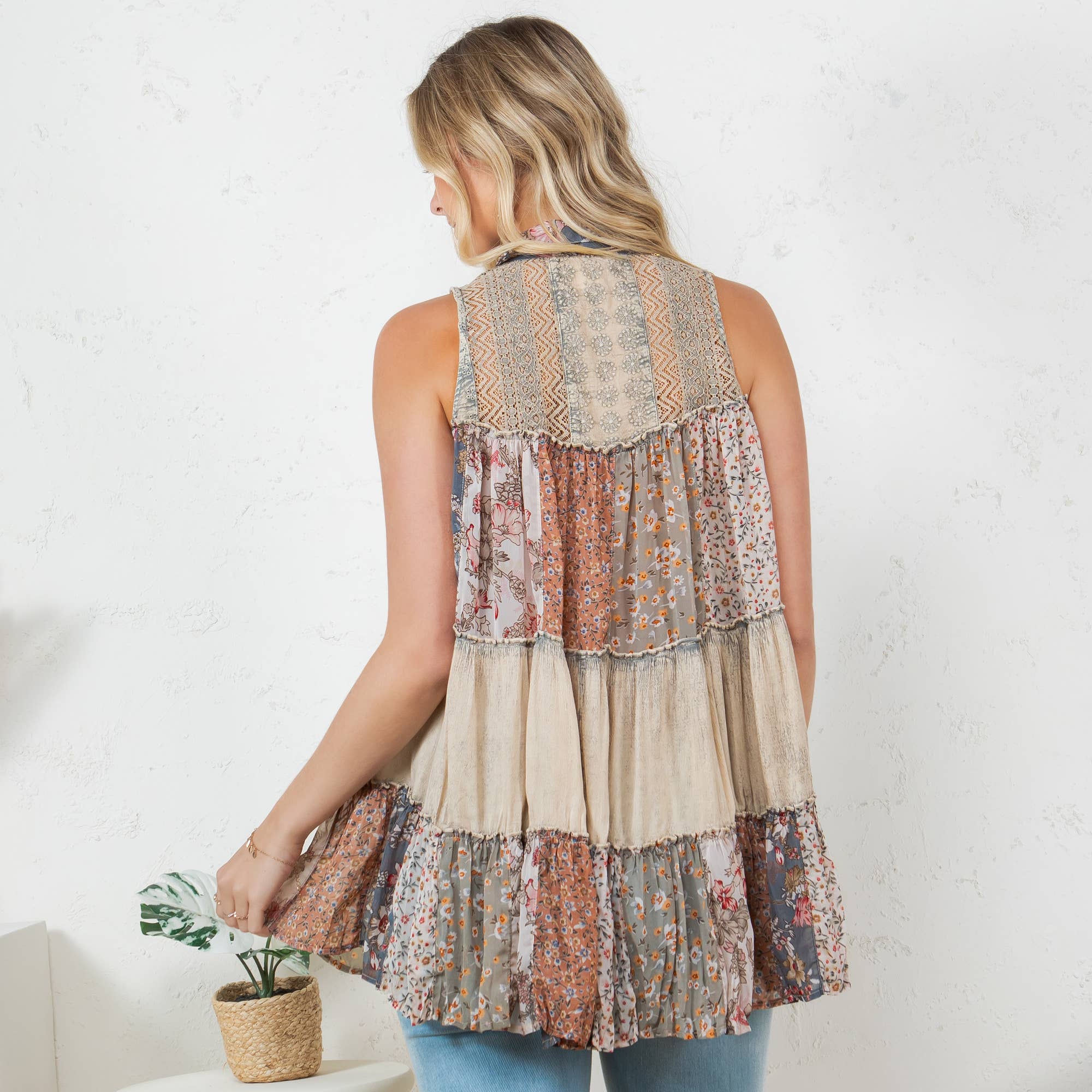 Young Threads - Wholesale Button Down Shirt - Women's - Boho Chic Nomad Patchwork Buttondown Top Sleevel (New Color)11