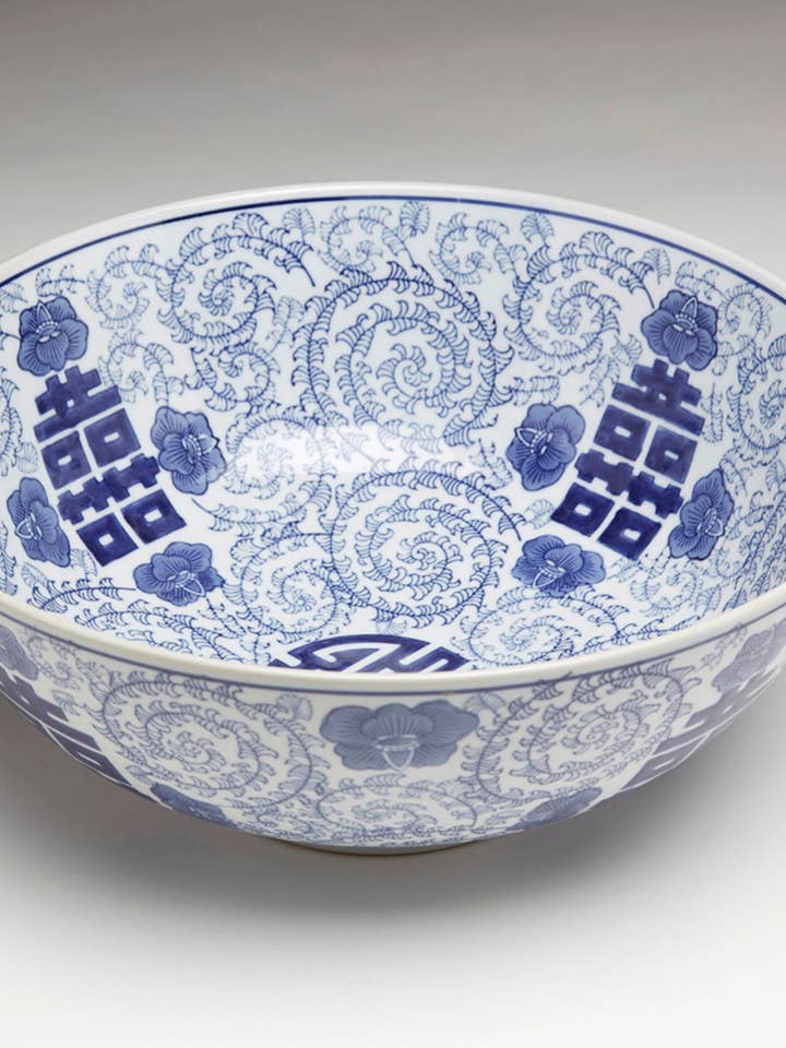 Large Blue And White Double Happiness Design Bowl for wholesale by AA Importing