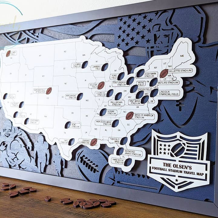 Football Stadium Map | NFL Stadium Map | Pro Football Stadium Checklist | Football Bucket List Gift for Dad | Map of Football Stadiums for wholesale by Roots & Routes Co